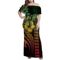 Hawaiian Sea Turtle Family Matching Off Shoulder Maxi Dress and Hawaiian Shirt Reggae Hibiscus Flowers and Kakau Pattern LT9 Mom's Dress Reggae - Polynesian Pride