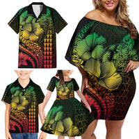 Hawaiian Sea Turtle Family Matching Off Shoulder Short Dress and Hawaiian Shirt Reggae Hibiscus Flowers and Kakau Pattern LT9 - Polynesian Pride