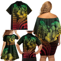 Hawaiian Sea Turtle Family Matching Off Shoulder Short Dress and Hawaiian Shirt Reggae Hibiscus Flowers and Kakau Pattern LT9 - Polynesian Pride