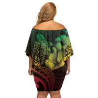 Hawaiian Sea Turtle Family Matching Off Shoulder Short Dress and Hawaiian Shirt Reggae Hibiscus Flowers and Kakau Pattern LT9 - Polynesian Pride