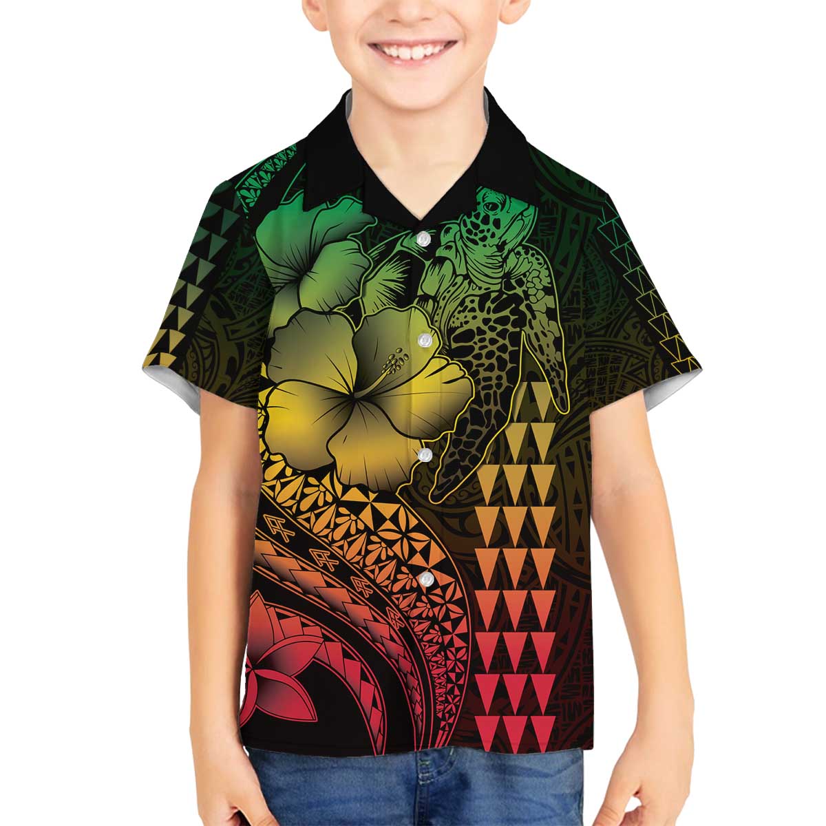 Hawaiian Sea Turtle Family Matching Off Shoulder Short Dress and Hawaiian Shirt Reggae Hibiscus Flowers and Kakau Pattern LT9 Son's Shirt Reggae - Polynesian Pride