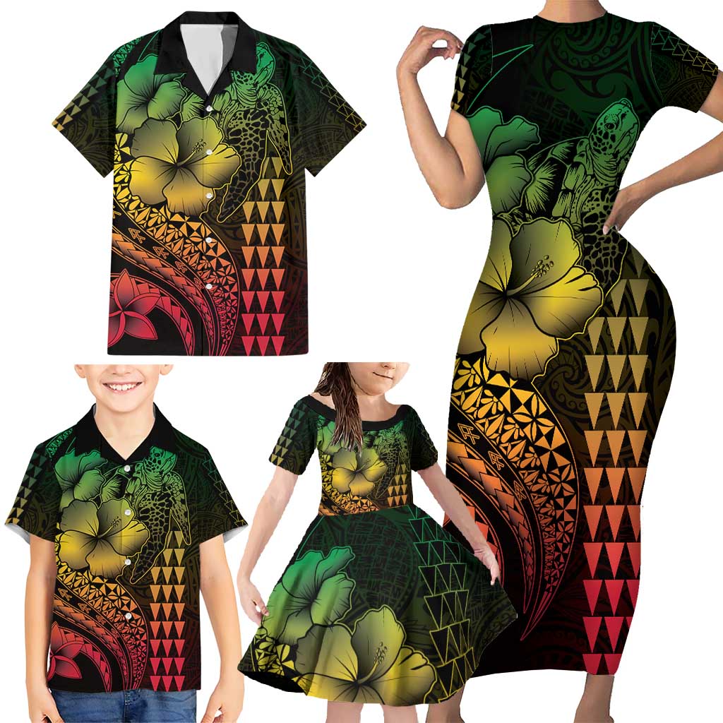 Hawaiian Sea Turtle Family Matching Short Sleeve Bodycon Dress and Hawaiian Shirt Reggae Hibiscus Flowers and Kakau Pattern LT9 - Polynesian Pride