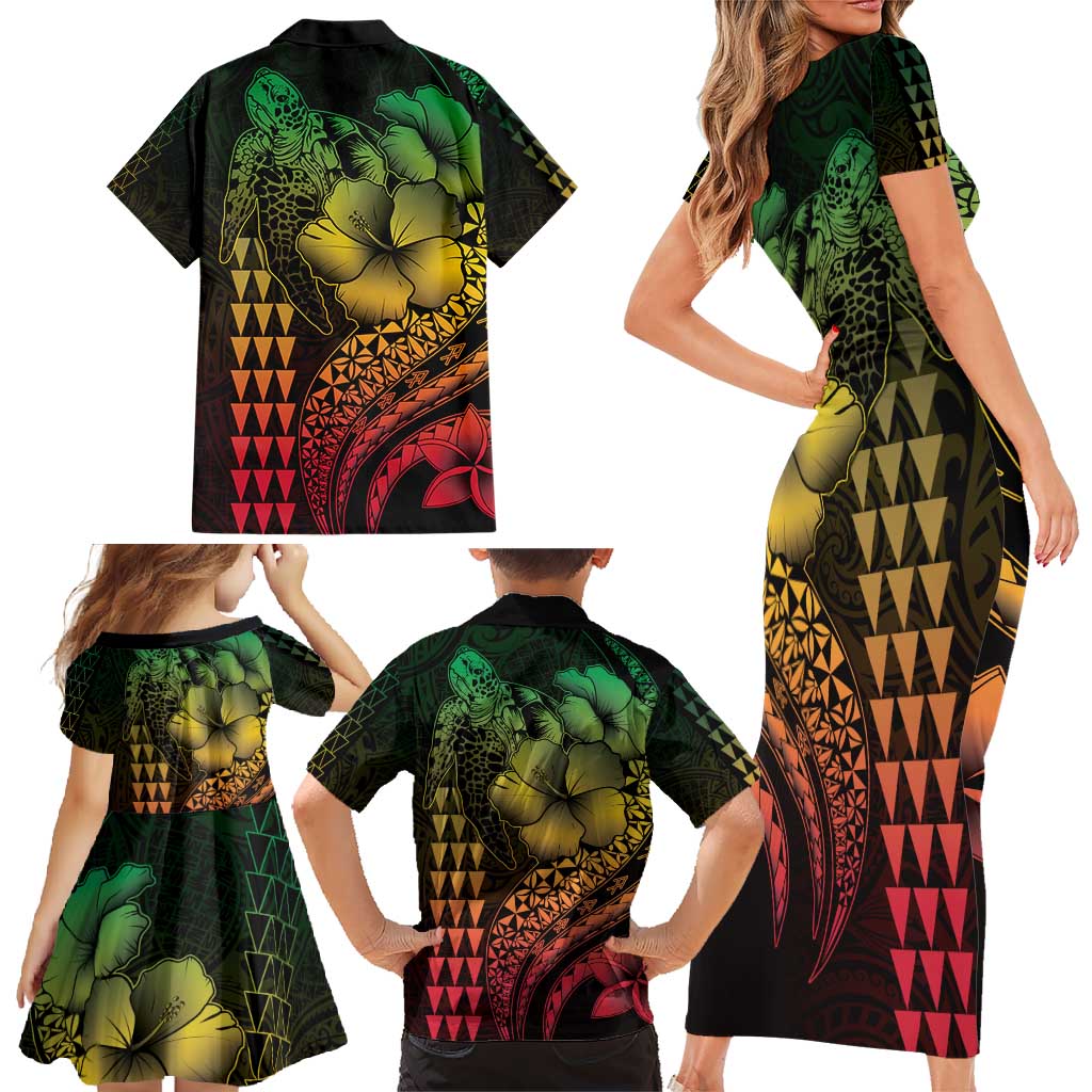 Hawaiian Sea Turtle Family Matching Short Sleeve Bodycon Dress and Hawaiian Shirt Reggae Hibiscus Flowers and Kakau Pattern LT9 - Polynesian Pride