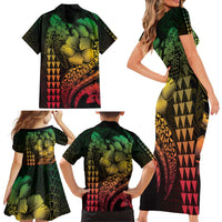 Hawaiian Sea Turtle Family Matching Short Sleeve Bodycon Dress and Hawaiian Shirt Reggae Hibiscus Flowers and Kakau Pattern LT9 - Polynesian Pride
