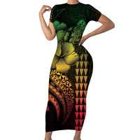 Hawaiian Sea Turtle Family Matching Short Sleeve Bodycon Dress and Hawaiian Shirt Reggae Hibiscus Flowers and Kakau Pattern LT9 Mom's Dress Reggae - Polynesian Pride