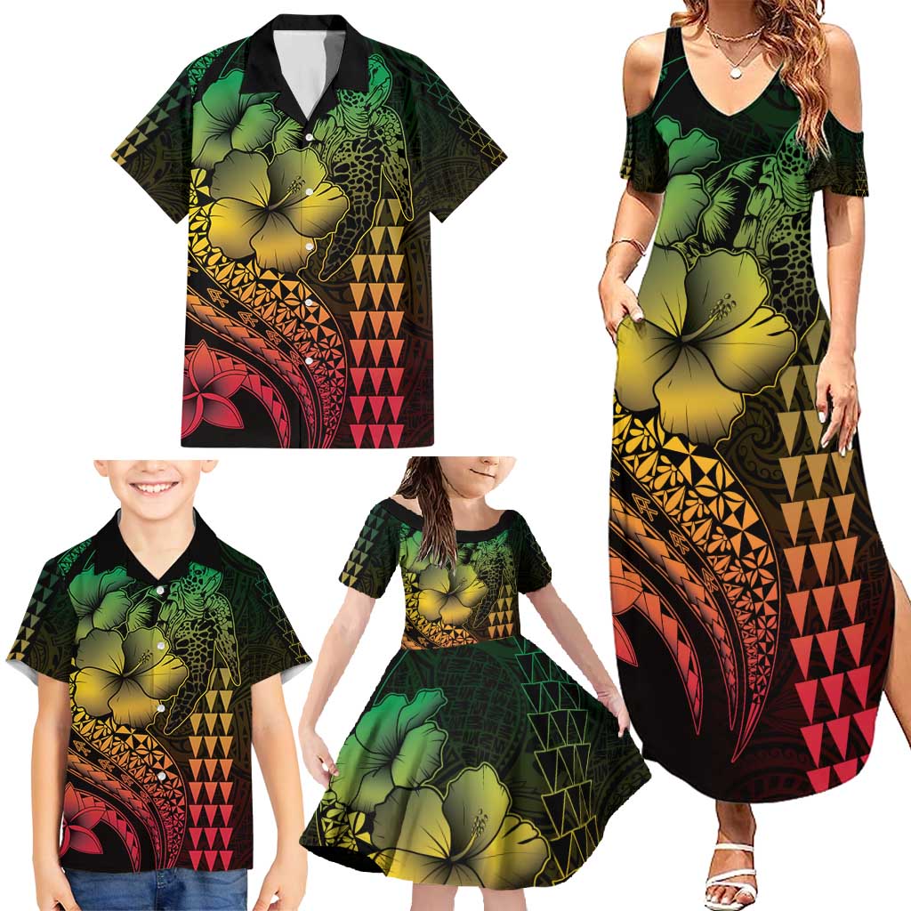 Hawaiian Sea Turtle Family Matching Summer Maxi Dress and Hawaiian Shirt Reggae Hibiscus Flowers and Kakau Pattern LT9 - Polynesian Pride