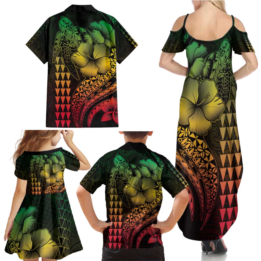 Hawaiian Sea Turtle Family Matching Summer Maxi Dress and Hawaiian Shirt Reggae Hibiscus Flowers and Kakau Pattern LT9 - Polynesian Pride