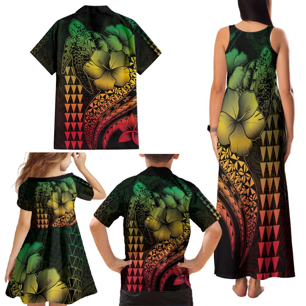 Hawaiian Sea Turtle Family Matching Tank Maxi Dress and Hawaiian Shirt Reggae Hibiscus Flowers and Kakau Pattern LT9 - Polynesian Pride
