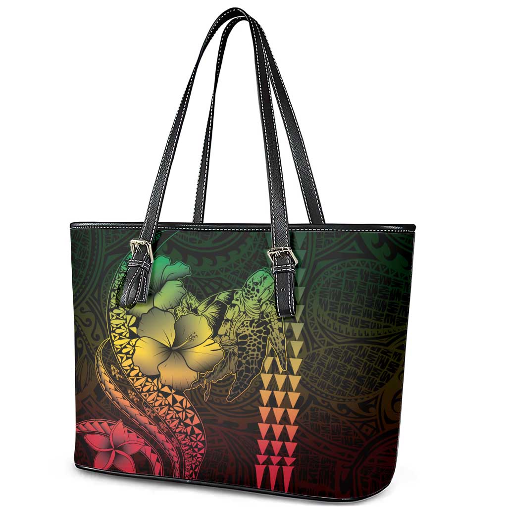 Hawaiian Sea Turtle Leather Tote Bag Reggae Hibiscus Flowers and Kakau Pattern