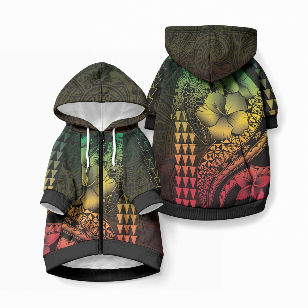Hawaiian Sea Turtle Pet Hoodie Reggae Hibiscus Flowers and Kakau Pattern LT9 Zip-up Reggae - Polynesian Pride