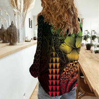 Hawaiian Sea Turtle Women Casual Shirt Reggae Hibiscus Flowers and Kakau Pattern