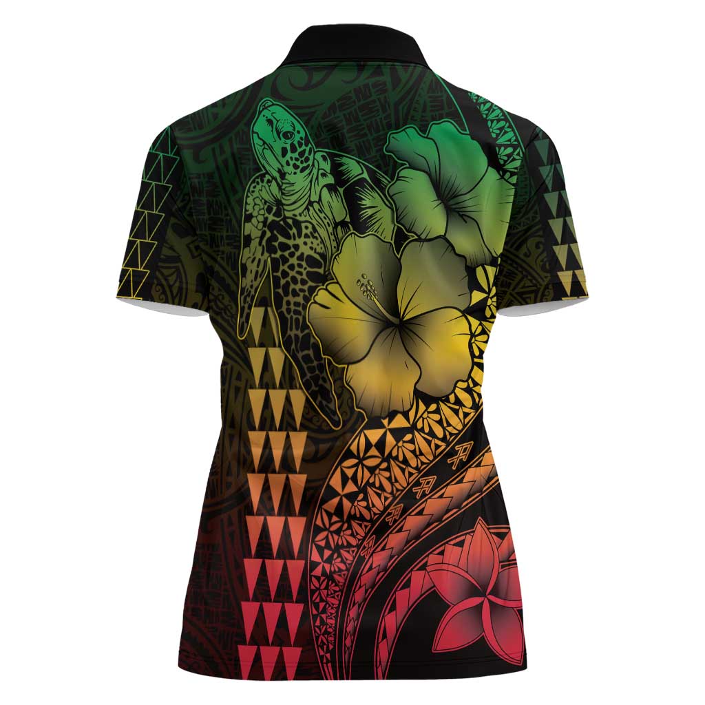 Hawaiian Sea Turtle Women Polo Shirt Reggae Hibiscus Flowers and Kakau Pattern