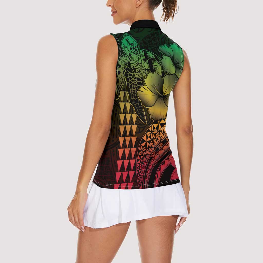 Hawaiian Sea Turtle Women Sleeveless Polo Shirt Reggae Hibiscus Flowers and Kakau Pattern