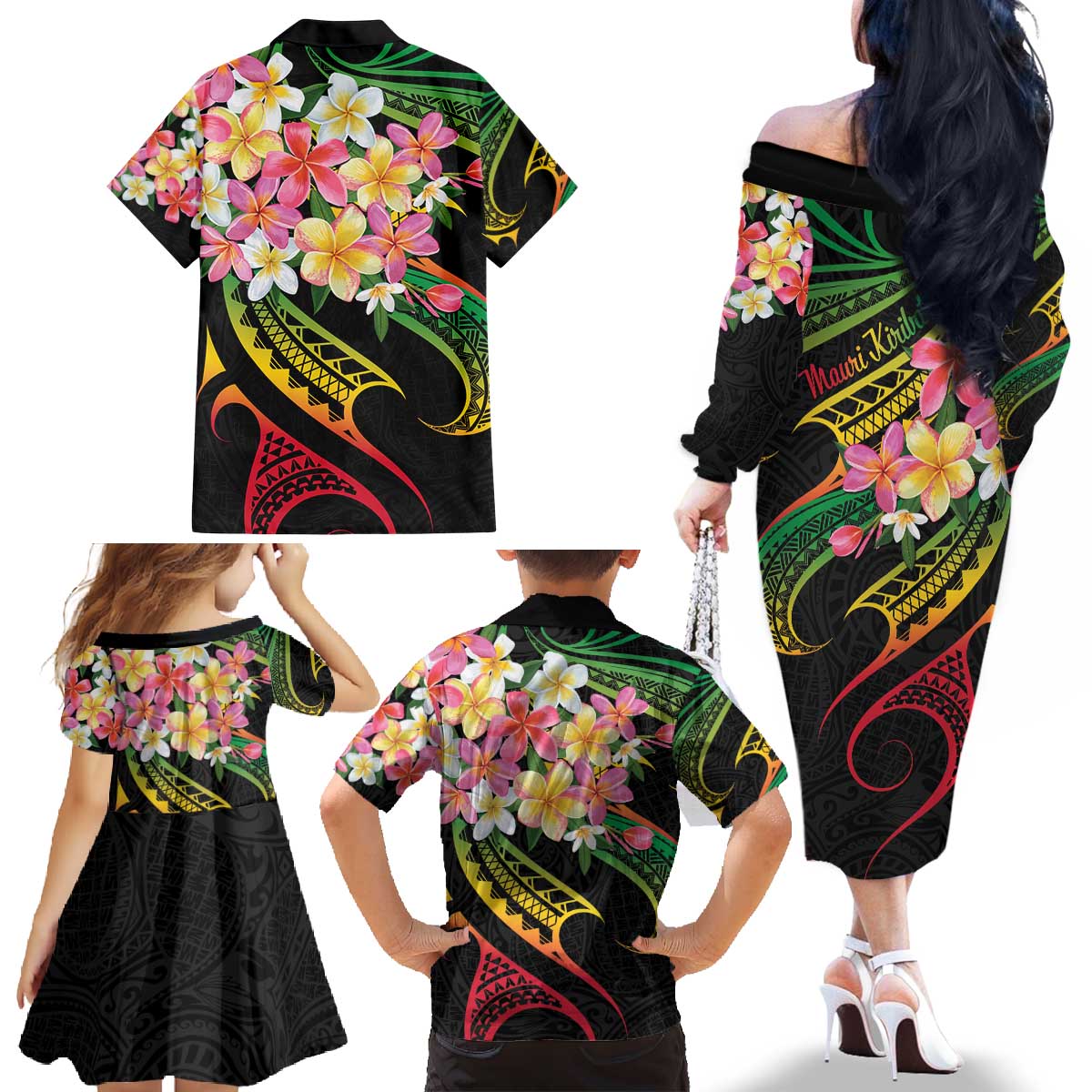 Kiribati Red Jasmine Mango Family Matching Off The Shoulder Long Sleeve Dress and Hawaiian Shirt Reggae Polynesian Art Vibe LT9 - Polynesian Pride