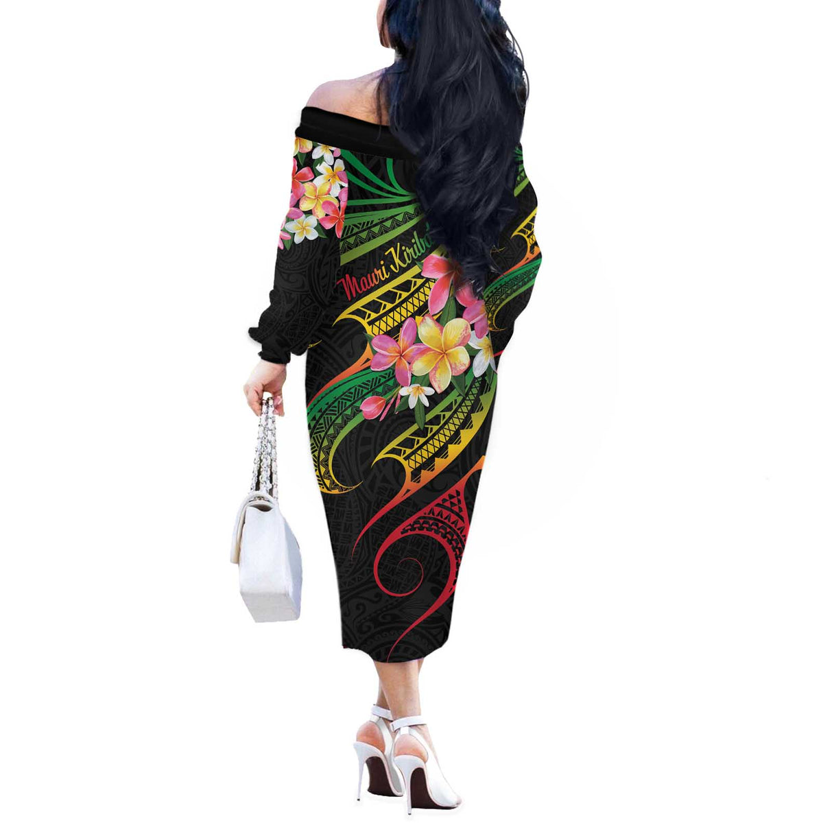 Kiribati Red Jasmine Mango Off The Shoulder Long Sleeve Dress Reggae Polynesian Art Vibe LT9 - Polynesian Pride