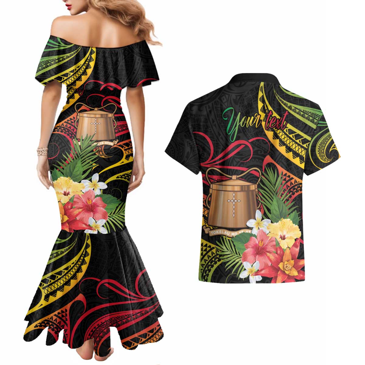 Personalised Tokelau Tropical Flowers Couples Matching Mermaid Dress and Hawaiian Shirt Reggae Polynesian Art Vibe LT9 - Polynesian Pride