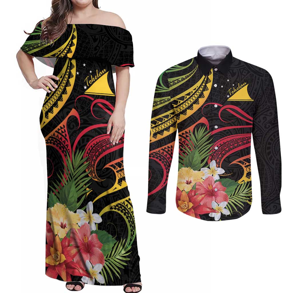 Personalised Tokelau Tropical Flowers Couples Matching Off Shoulder Maxi Dress and Long Sleeve Button Shirt Reggae Polynesian Art Vibe