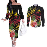Personalised Tokelau Tropical Flowers Couples Matching Off The Shoulder Long Sleeve Dress and Long Sleeve Button Shirt Reggae Polynesian Art Vibe LT9 Reggae - Polynesian Pride