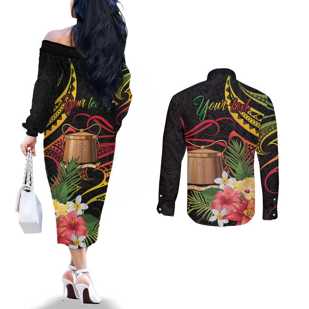 Personalised Tokelau Tropical Flowers Couples Matching Off The Shoulder Long Sleeve Dress and Long Sleeve Button Shirt Reggae Polynesian Art Vibe LT9 - Polynesian Pride