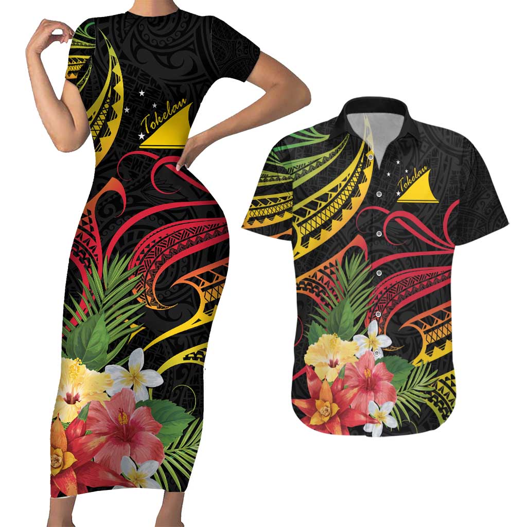 Personalised Tokelau Tropical Flowers Couples Matching Short Sleeve Bodycon Dress and Hawaiian Shirt Reggae Polynesian Art Vibe LT9 Reggae - Polynesian Pride