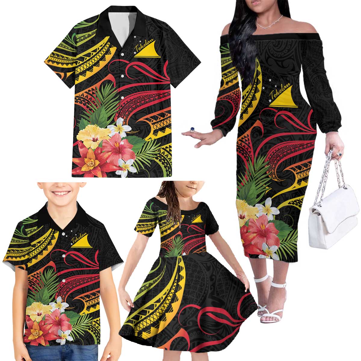 Personalised Tokelau Tropical Flowers Family Matching Off The Shoulder Long Sleeve Dress and Hawaiian Shirt Reggae Polynesian Art Vibe LT9 - Polynesian Pride
