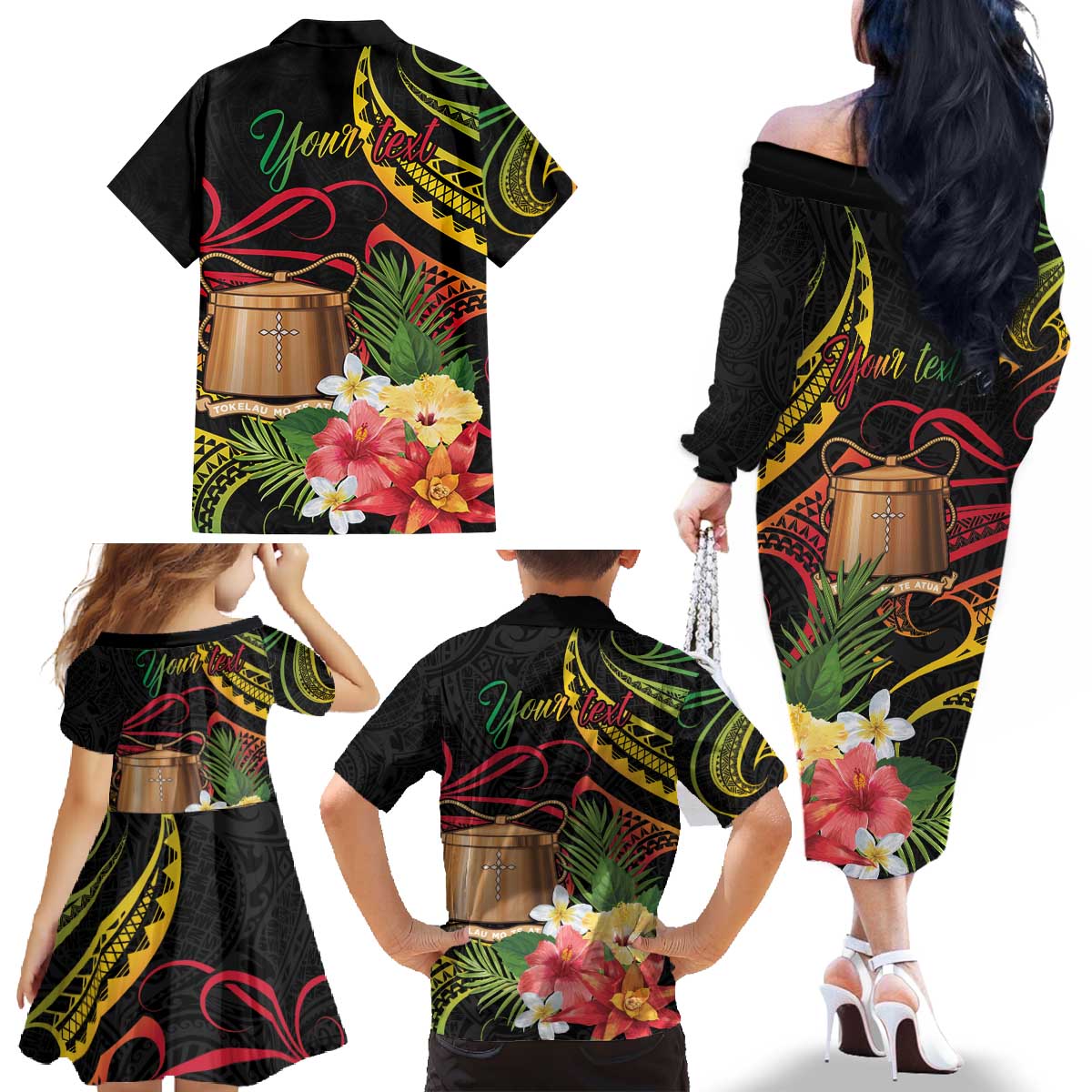 Personalised Tokelau Tropical Flowers Family Matching Off The Shoulder Long Sleeve Dress and Hawaiian Shirt Reggae Polynesian Art Vibe LT9 - Polynesian Pride