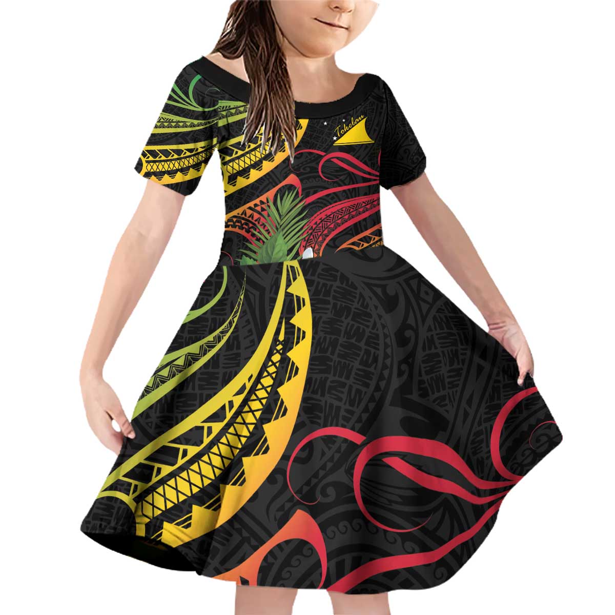 Personalised Tokelau Tropical Flowers Family Matching Off Shoulder Short Dress and Hawaiian Shirt Reggae Polynesian Art Vibe LT9 Daughter's Dress Reggae - Polynesian Pride