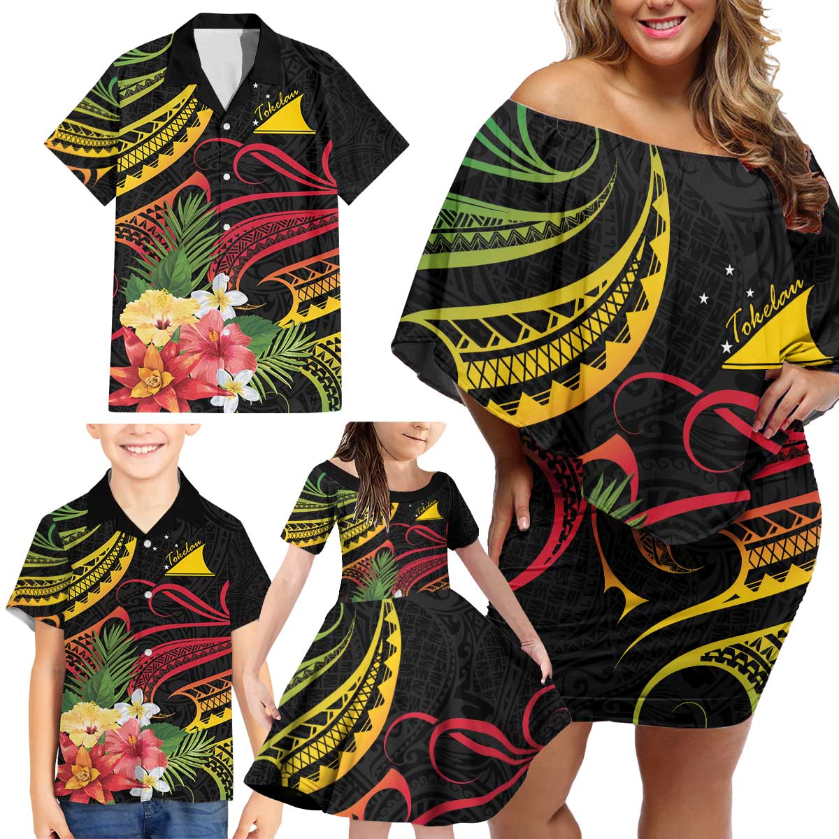 Personalised Tokelau Tropical Flowers Family Matching Off Shoulder Short Dress and Hawaiian Shirt Reggae Polynesian Art Vibe LT9 - Polynesian Pride
