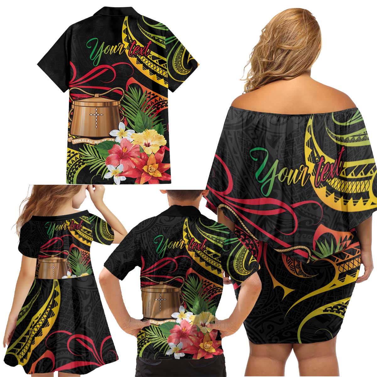 Personalised Tokelau Tropical Flowers Family Matching Off Shoulder Short Dress and Hawaiian Shirt Reggae Polynesian Art Vibe LT9 - Polynesian Pride