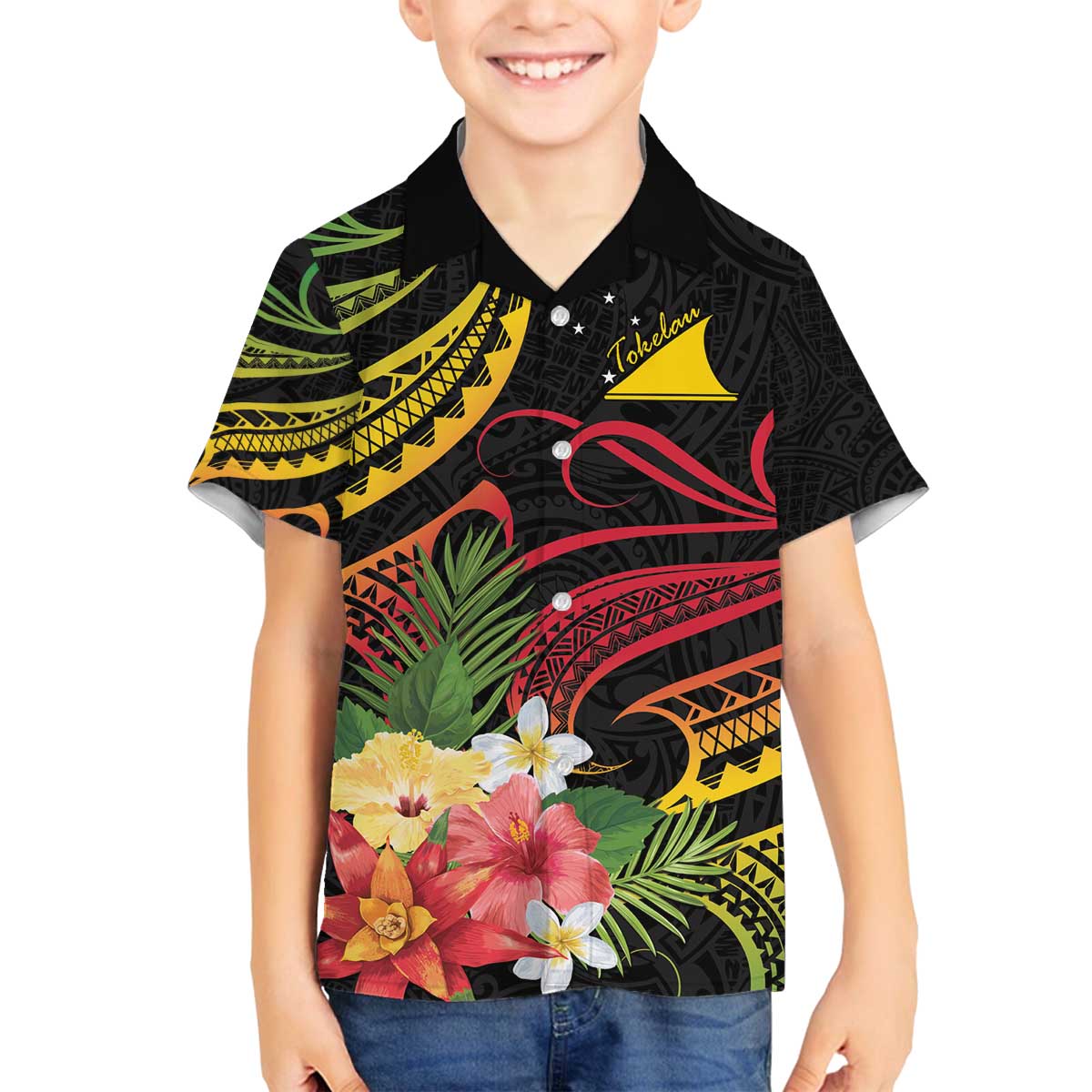 Personalised Tokelau Tropical Flowers Family Matching Off Shoulder Short Dress and Hawaiian Shirt Reggae Polynesian Art Vibe LT9 Son's Shirt Reggae - Polynesian Pride