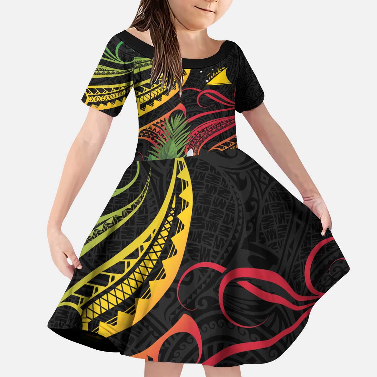 Personalised Tokelau Tropical Flowers Family Matching Puletasi and Hawaiian Shirt Reggae Polynesian Art Vibe LT9 Daughter's Dress Reggae - Polynesian Pride