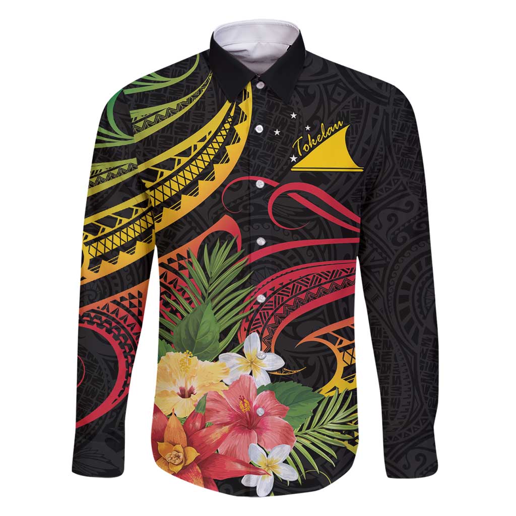 Personalised Tokelau Tropical Flowers Family Matching Tank Maxi Dress and Hawaiian Shirt Reggae Polynesian Art Vibe LT9 Dad's Shirt - Long Sleeve Reggae - Polynesian Pride