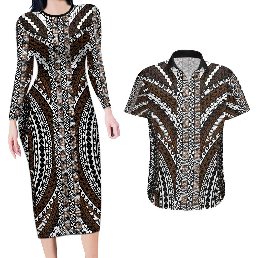 Brown Tongan Polynesian Tribal Couples Matching Long Sleeve Bodycon Dress and Hawaiian Shirt - Polynesian Pride