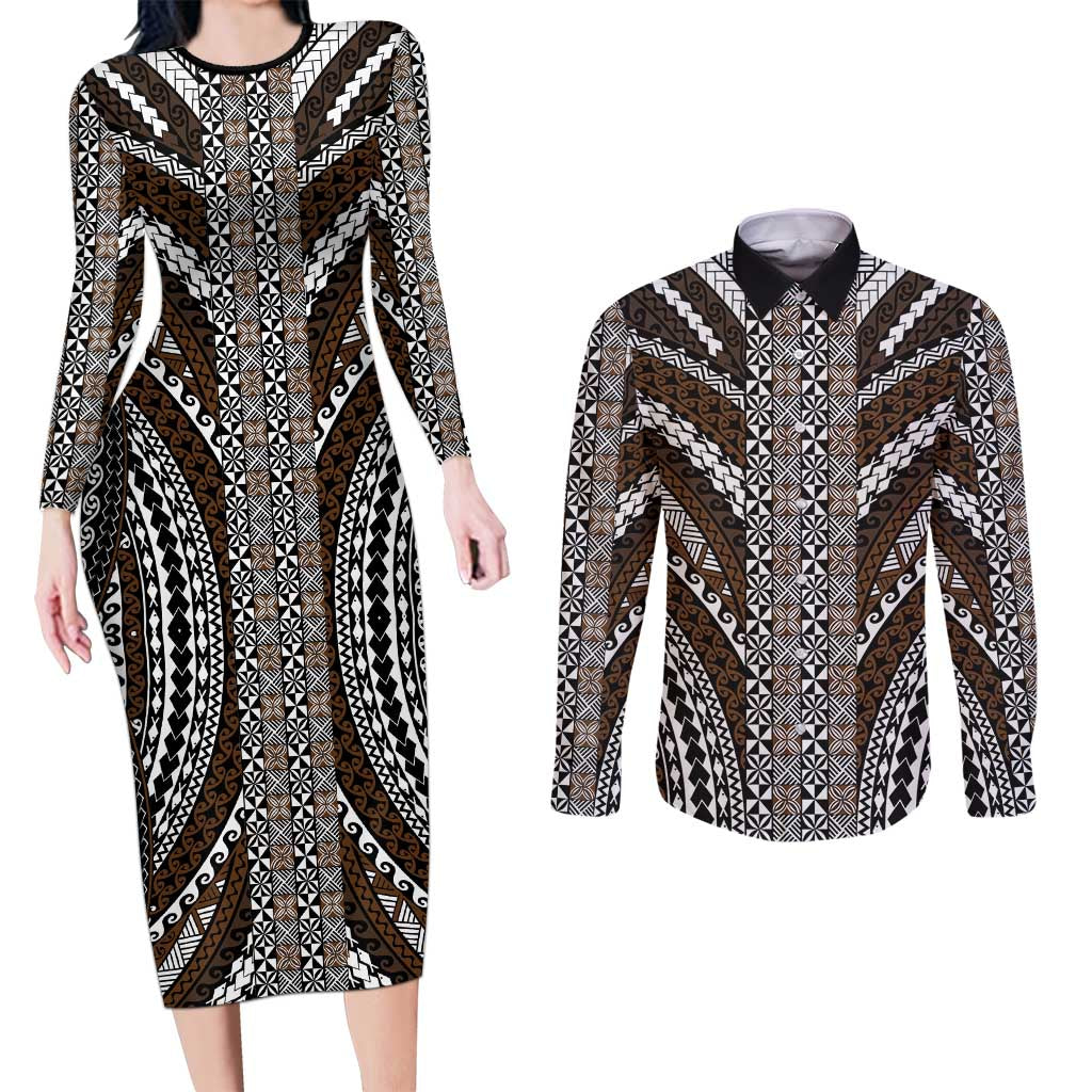 Brown Tongan Polynesian Tribal Couples Matching Long Sleeve Bodycon Dress and Long Sleeve Button Shirt - Polynesian Pride