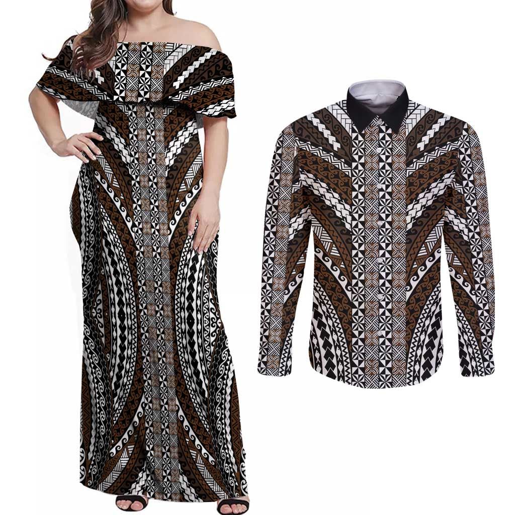 Brown Tongan Polynesian Tribal Couples Matching Off Shoulder Maxi Dress and Long Sleeve Button Shirt - Polynesian Pride