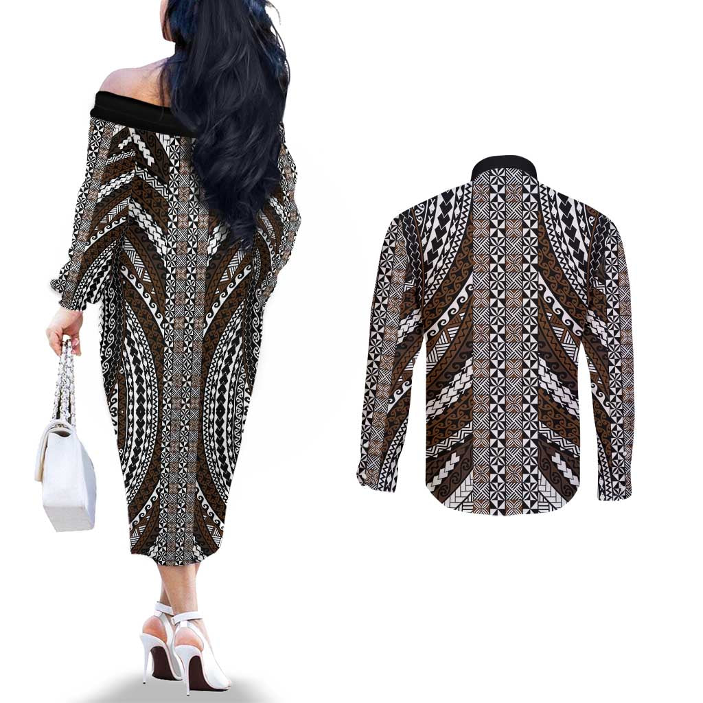 Brown Tongan Polynesian Tribal Couples Matching Off The Shoulder Long Sleeve Dress and Long Sleeve Button Shirt - Polynesian Pride