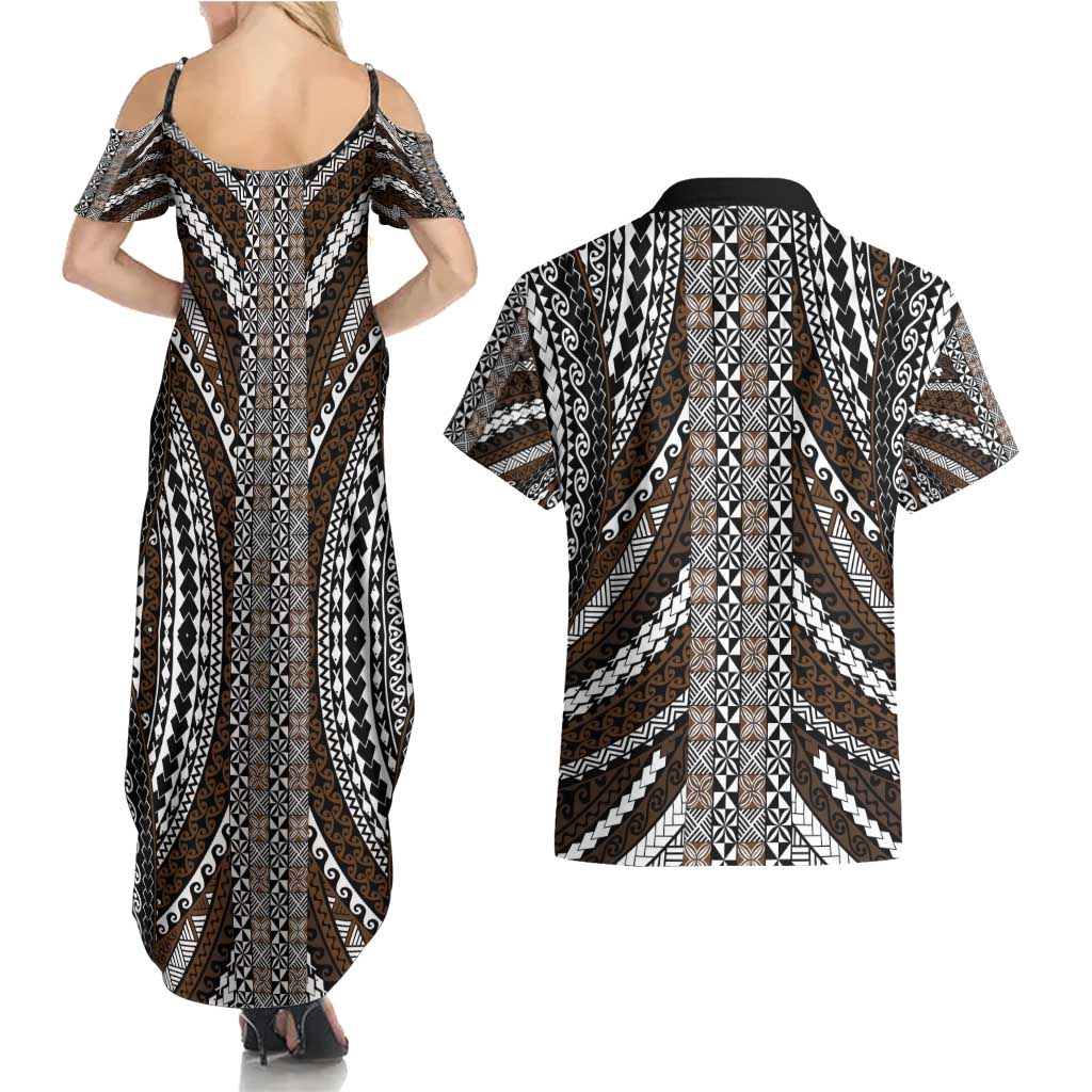 Brown Tongan Polynesian Tribal Couples Matching Summer Maxi Dress and Hawaiian Shirt - Polynesian Pride