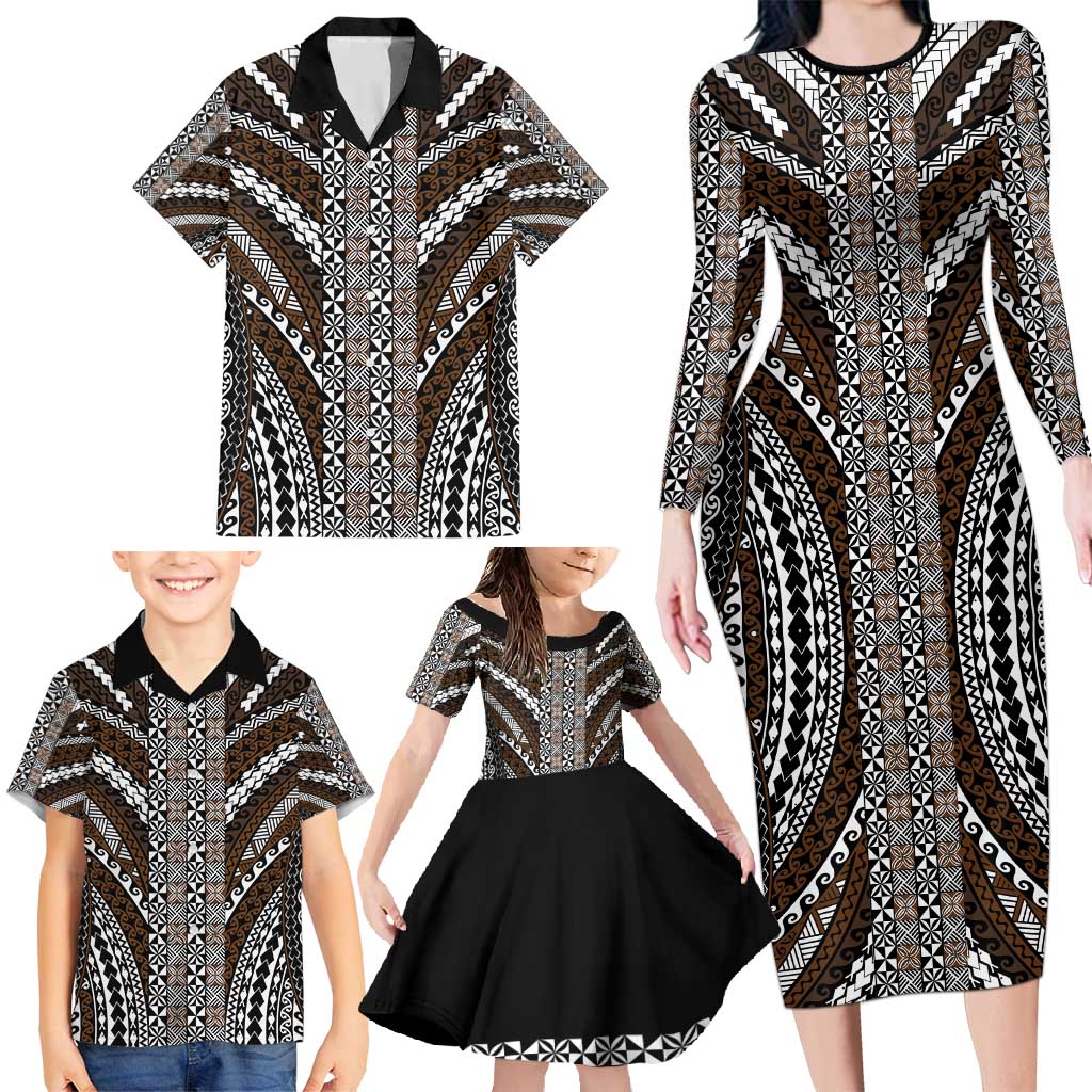 Brown Tongan Polynesian Tribal Family Matching Long Sleeve Bodycon Dress and Hawaiian Shirt LT9 - Polynesian Pride