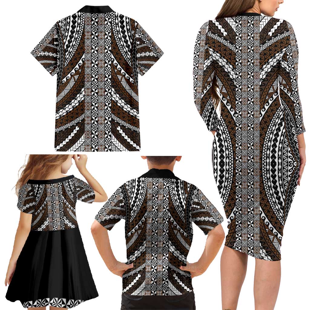 Brown Tongan Polynesian Tribal Family Matching Long Sleeve Bodycon Dress and Hawaiian Shirt LT9 - Polynesian Pride