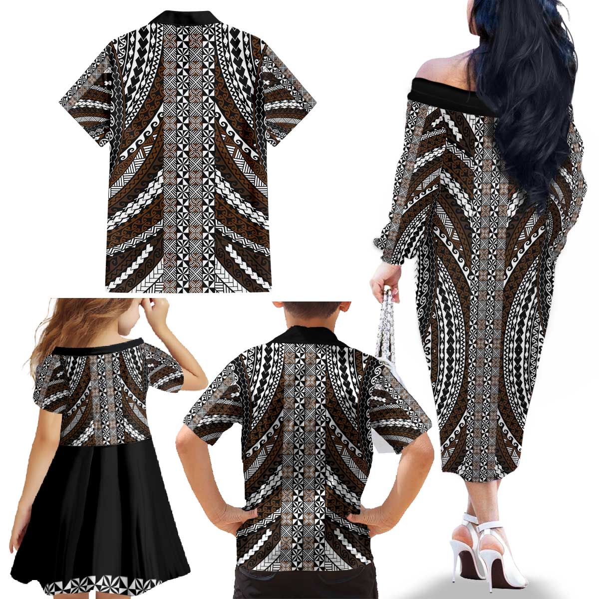Brown Tongan Polynesian Tribal Family Matching Off The Shoulder Long Sleeve Dress and Hawaiian Shirt - Polynesian Pride