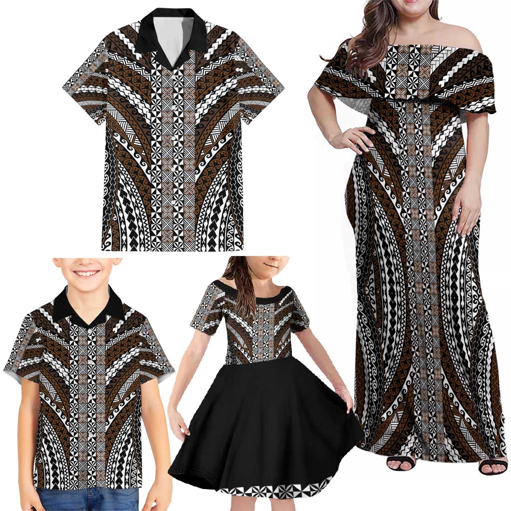 Brown Tongan Polynesian Tribal Family Matching Off Shoulder Maxi Dress and Hawaiian Shirt - Polynesian Pride