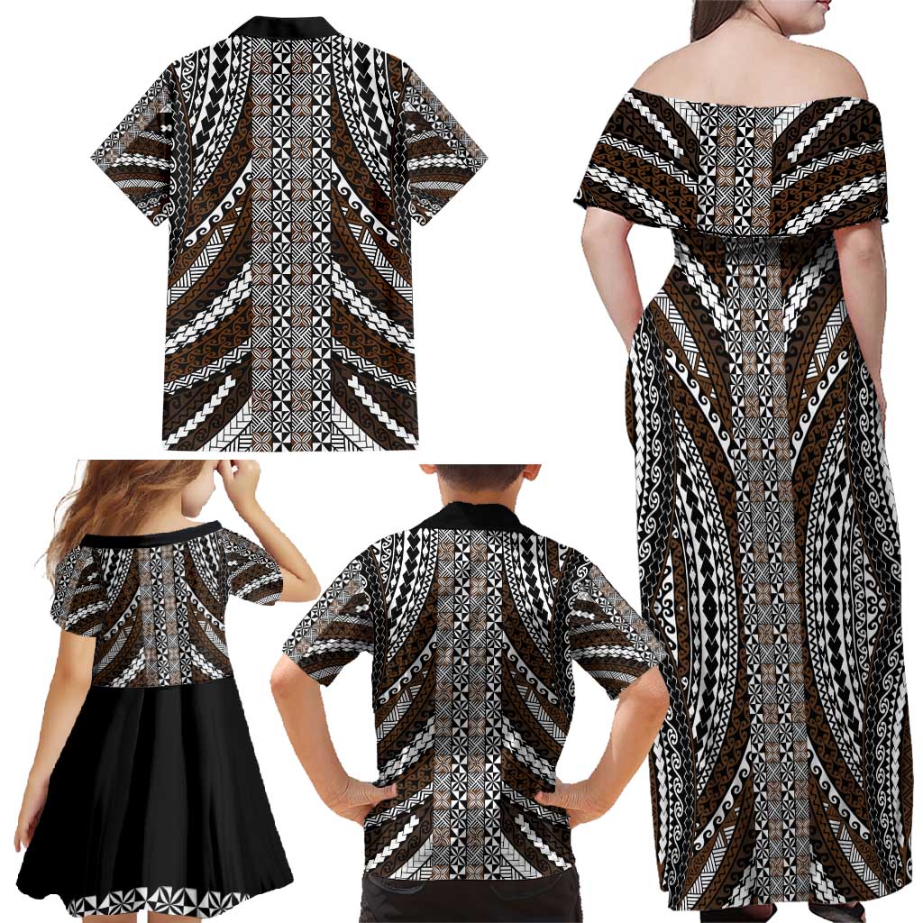 Brown Tongan Polynesian Tribal Family Matching Off Shoulder Maxi Dress and Hawaiian Shirt LT9 - Polynesian Pride