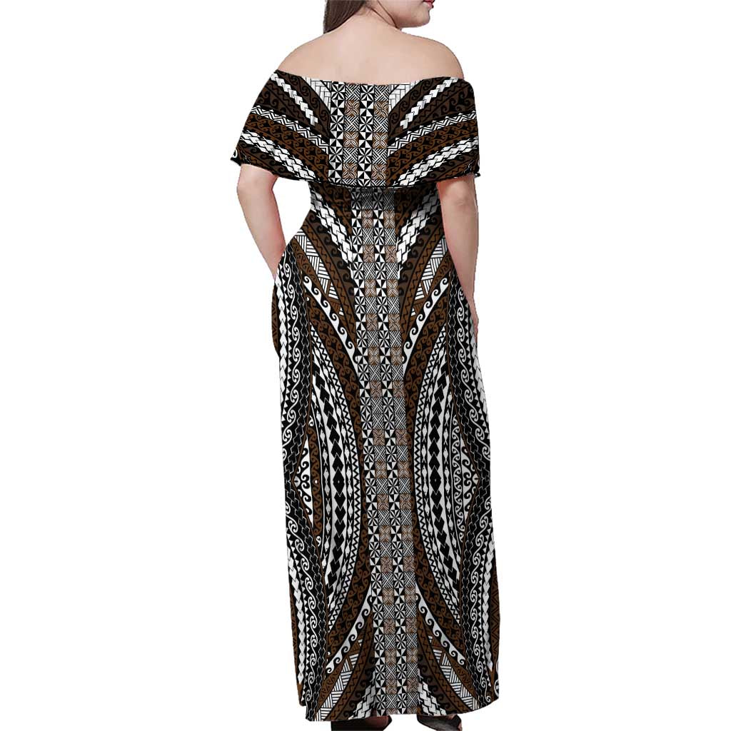 Brown Tongan Polynesian Tribal Family Matching Off Shoulder Maxi Dress and Hawaiian Shirt LT9 - Polynesian Pride