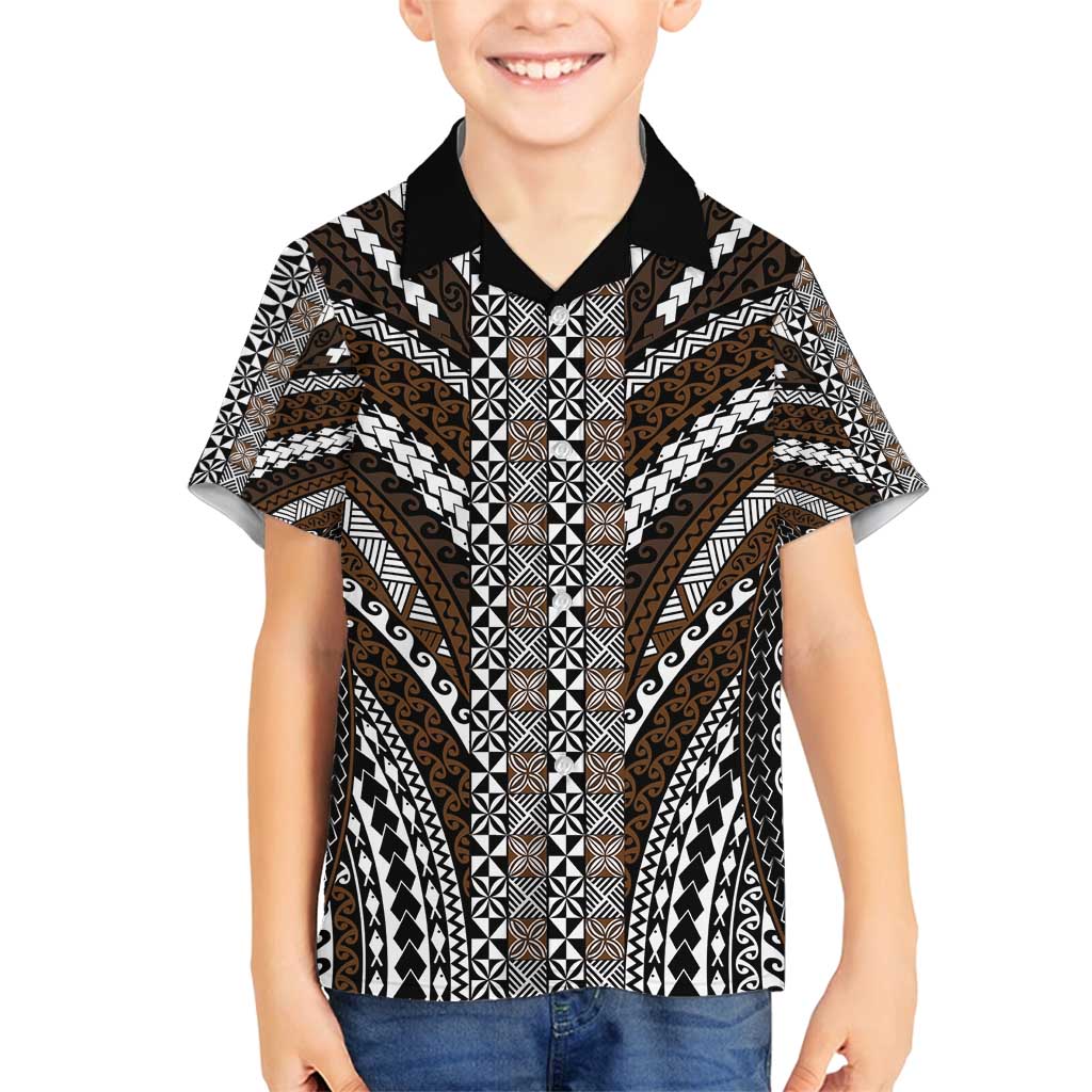 Brown Tongan Polynesian Tribal Family Matching Off Shoulder Maxi Dress and Hawaiian Shirt LT9 Son's Shirt Brown - Polynesian Pride