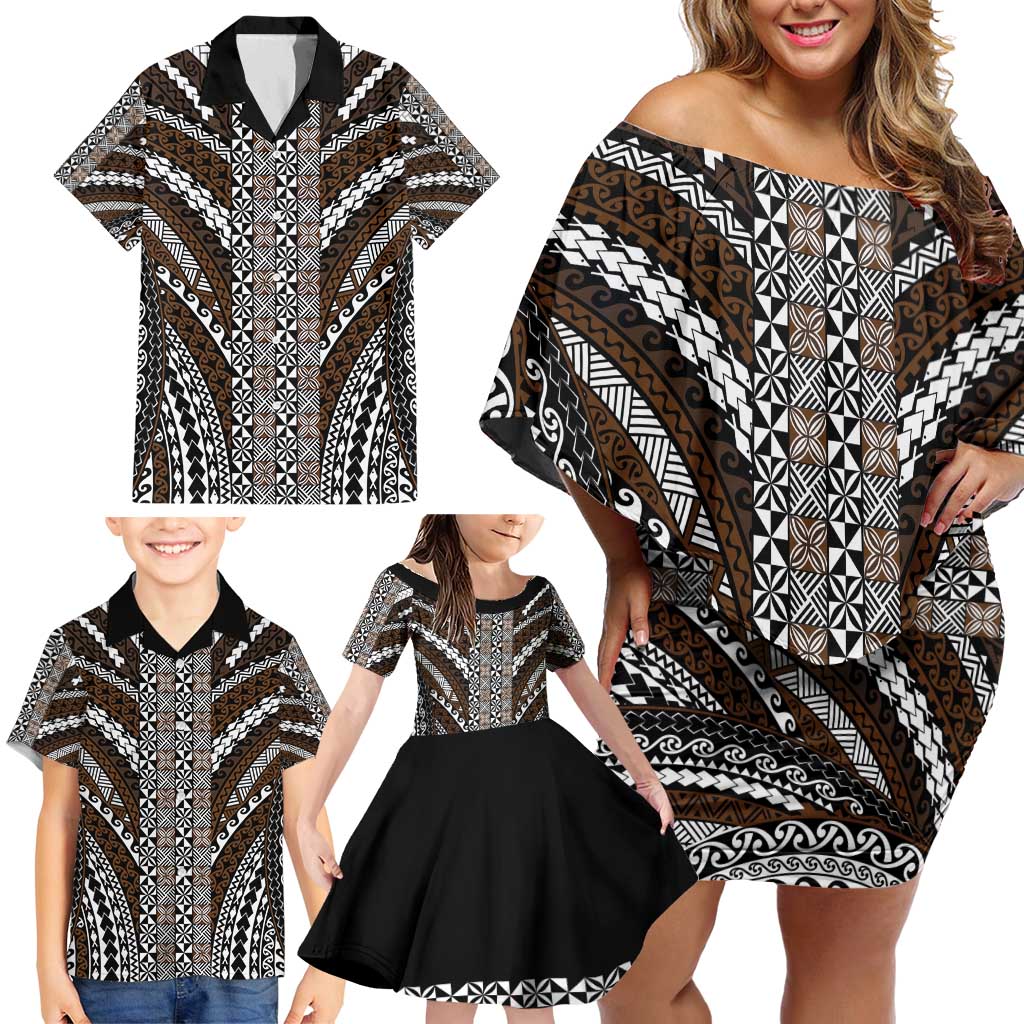 Brown Tongan Polynesian Tribal Family Matching Off Shoulder Short Dress and Hawaiian Shirt LT9 - Polynesian Pride