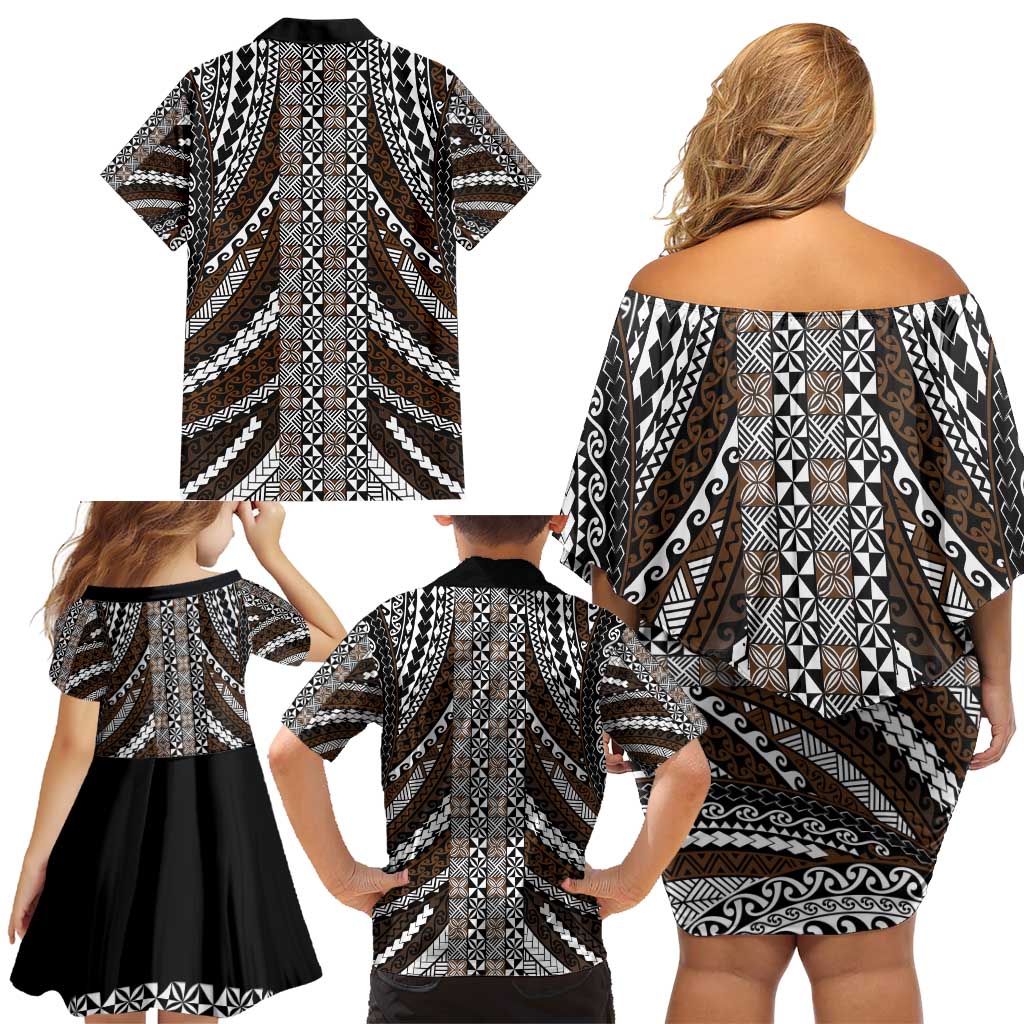 Brown Tongan Polynesian Tribal Family Matching Off Shoulder Short Dress and Hawaiian Shirt LT9 - Polynesian Pride