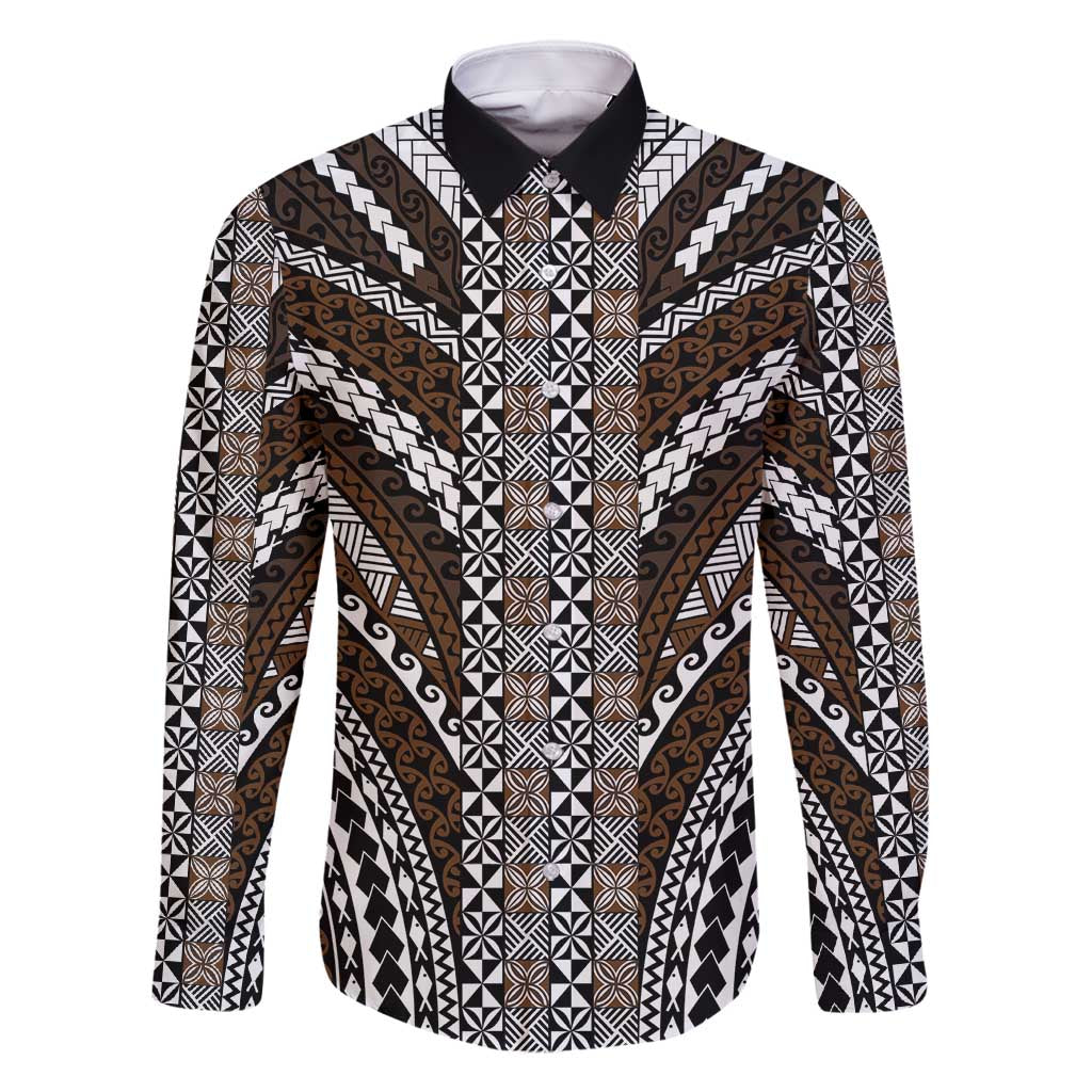 Brown Tongan Polynesian Tribal Family Matching Off Shoulder Short Dress and Hawaiian Shirt LT9 Dad's Shirt - Long Sleeve Brown - Polynesian Pride