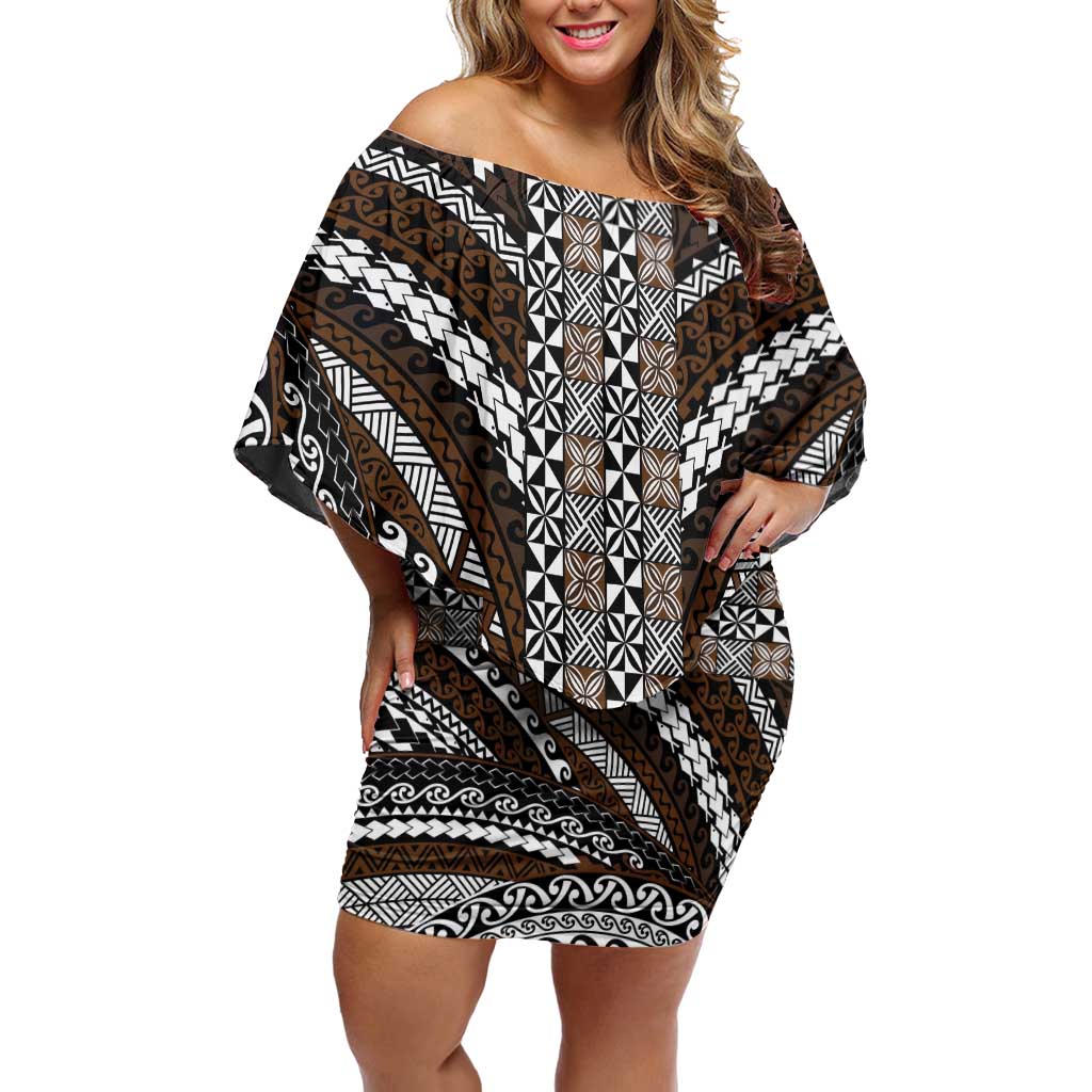 Brown Tongan Polynesian Tribal Family Matching Off Shoulder Short Dress and Hawaiian Shirt LT9 Mom's Dress Brown - Polynesian Pride