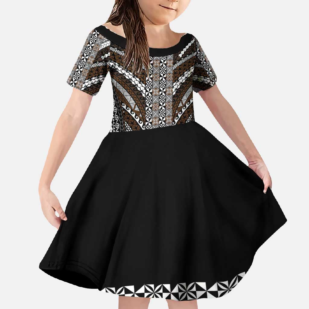 Brown Tongan Polynesian Tribal Family Matching Short Sleeve Bodycon Dress and Hawaiian Shirt LT9 Daughter's Dress Brown - Polynesian Pride