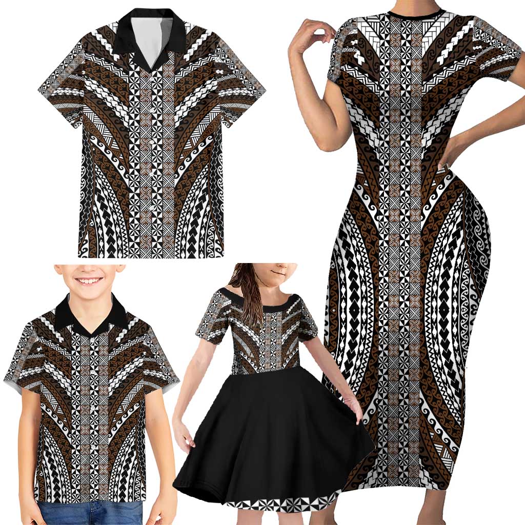 Brown Tongan Polynesian Tribal Family Matching Short Sleeve Bodycon Dress and Hawaiian Shirt LT9 - Polynesian Pride